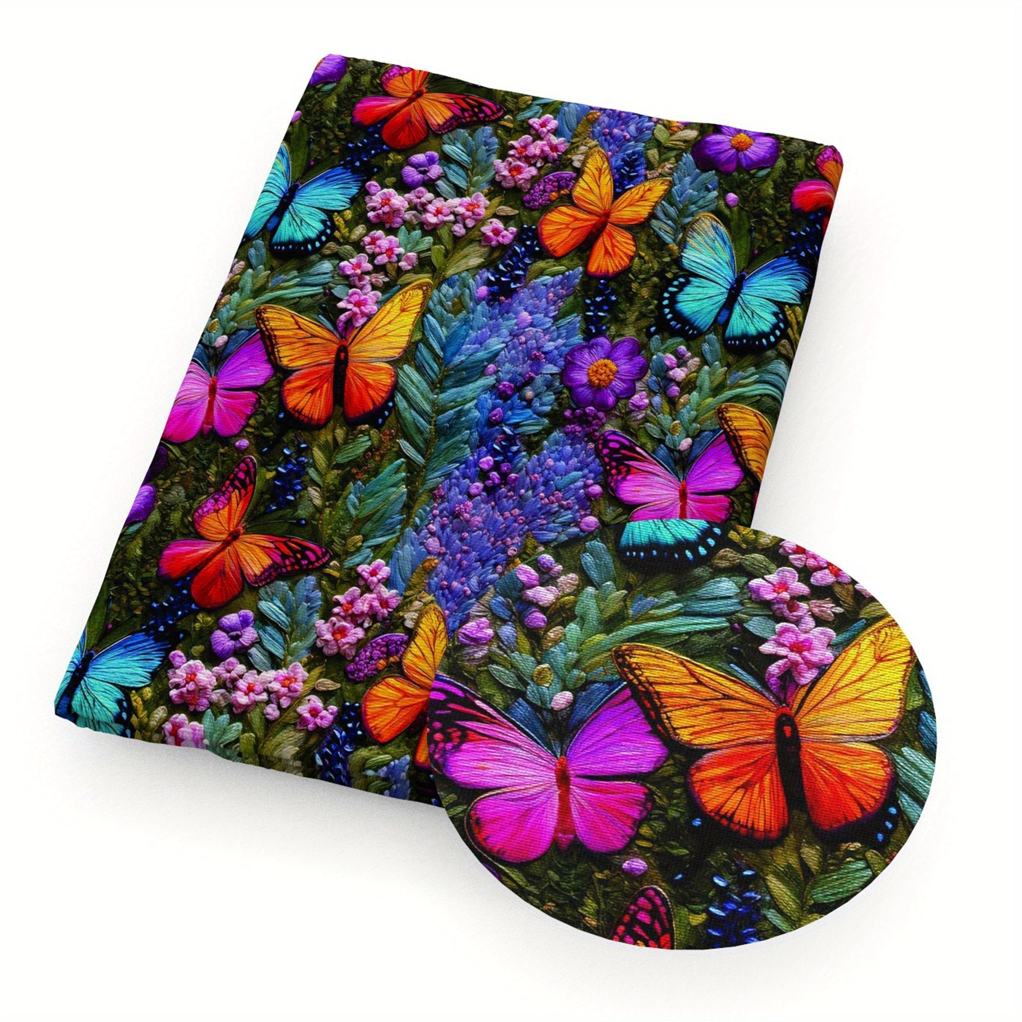 4pcs/set 19.68x17.7inch(50x45cm) Butterfly Flowers Imitation 3D Embroidery Digital Print Precut Quilting Fabric Fat Quarter Fabric Bundle, Polyester Quilting Squares for Patchwork, DIY Crafts Projects, DIY Wallet Making -