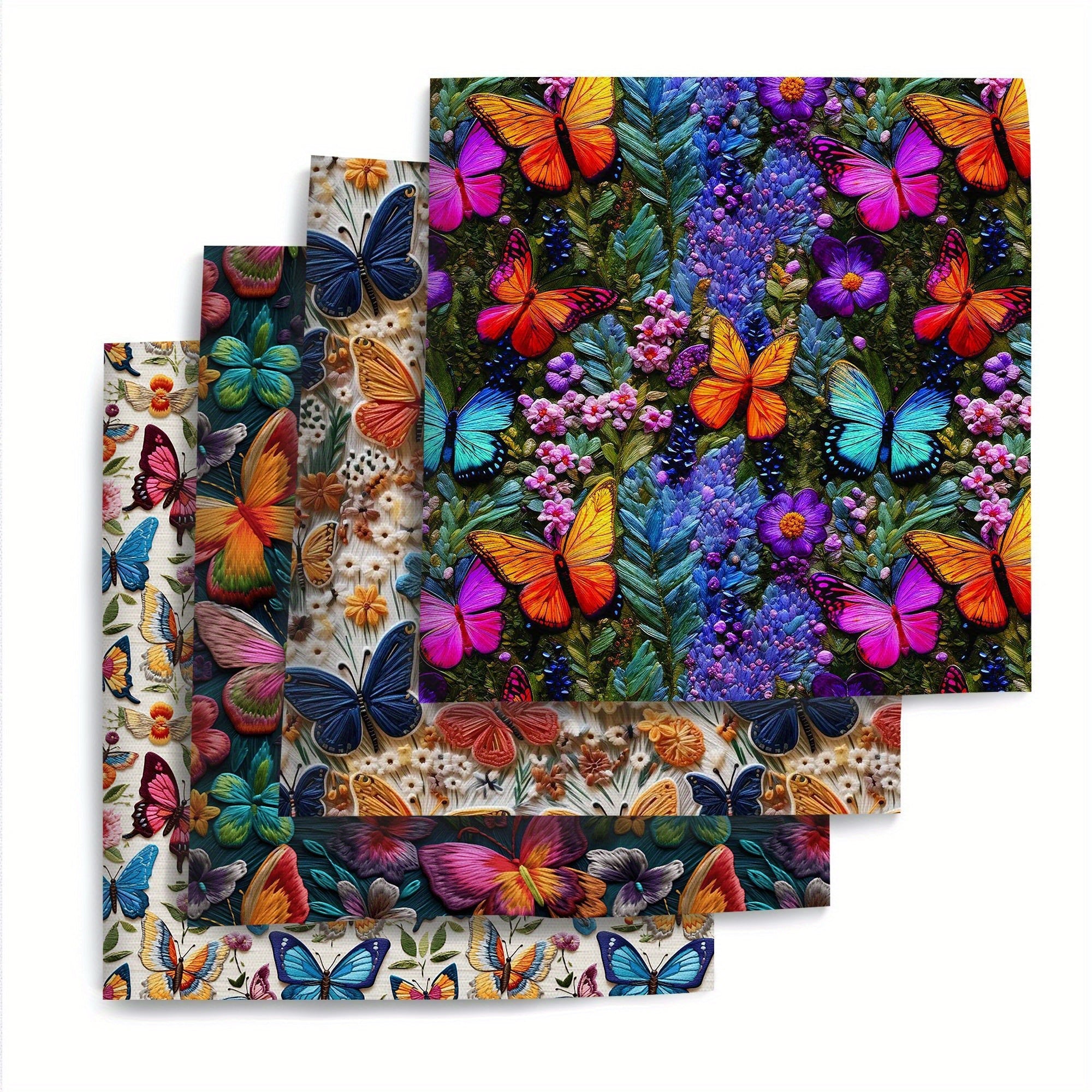 4pcs/set 19.68x17.7inch(50x45cm) Butterfly Flowers Imitation 3D Embroidery Digital Print Precut Quilting Fabric Fat Quarter Fabric Bundle, Polyester Quilting Squares for Patchwork, DIY Crafts Projects, DIY Wallet Making -