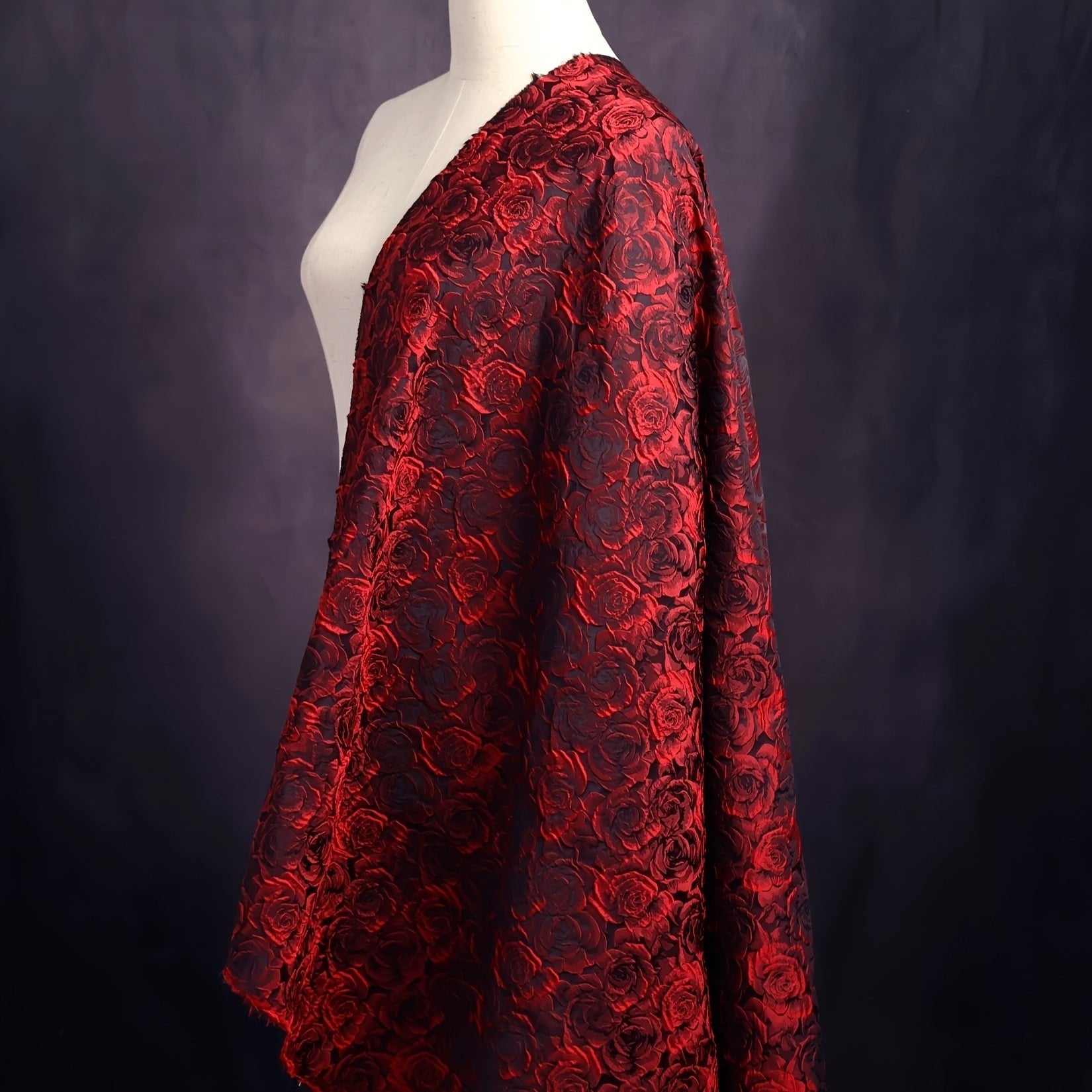 Elegant Deep Red, Black, White And Pink 3D Rose Jacquard Fabric -