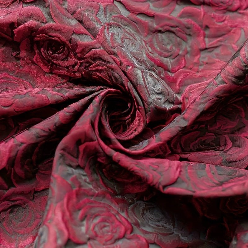 Elegant Deep Red, Black, White And Pink 3D Rose Jacquard Fabric -