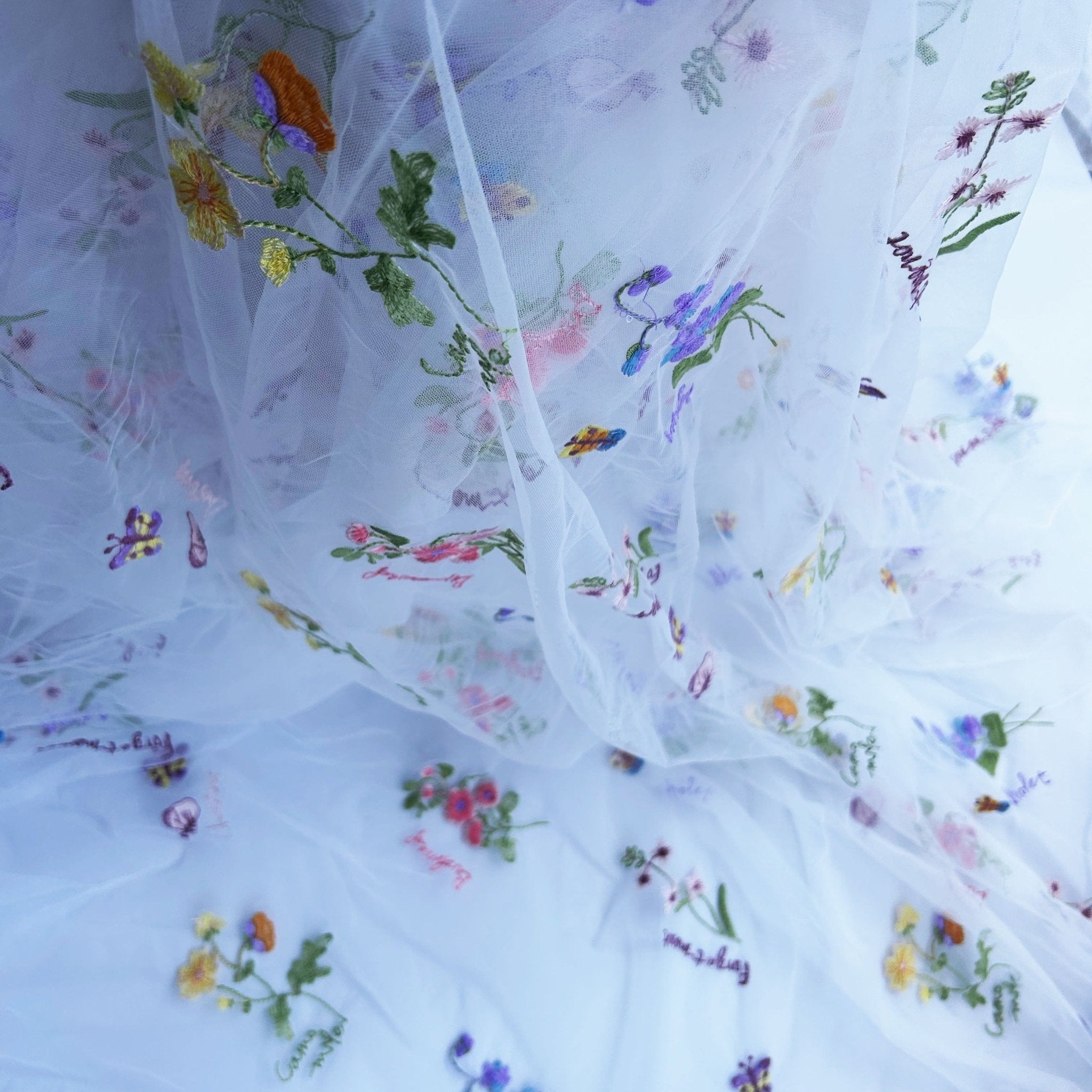 Elegant White Lace Fabric with Colorful Floral Embroidery, 88.9x129.54cm - Soft Tulle for DIY Dresses & Wedding Gowns, Hand Wash Only -