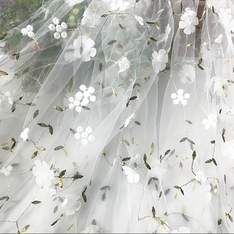 Floral Embroidered Tulle Fabric - Soft, Sheer, and Perfect for DIY Dresses, Wedding Gowns, Curtains, Tablecloths, and Handbags -