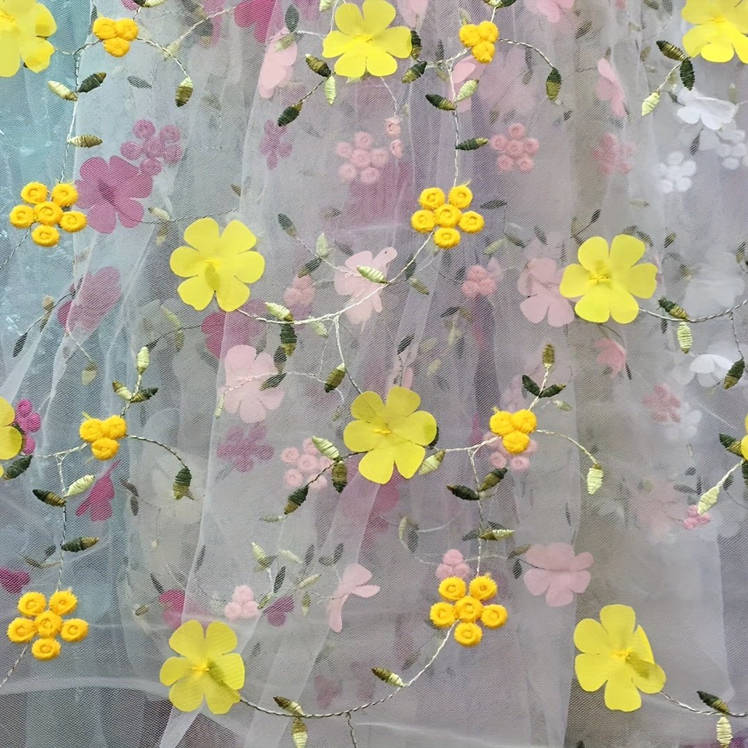 Floral Embroidered Tulle Fabric - Soft, Sheer, and Perfect for DIY Dresses, Wedding Gowns, Curtains, Tablecloths, and Handbags -