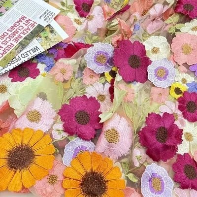 LasilkFabric Multi Color Soft Tulle Lace Fabric 3D Flower Decoration Dress Fabric 3D Decal Embroidery Fabric DIY Weeding Dress -