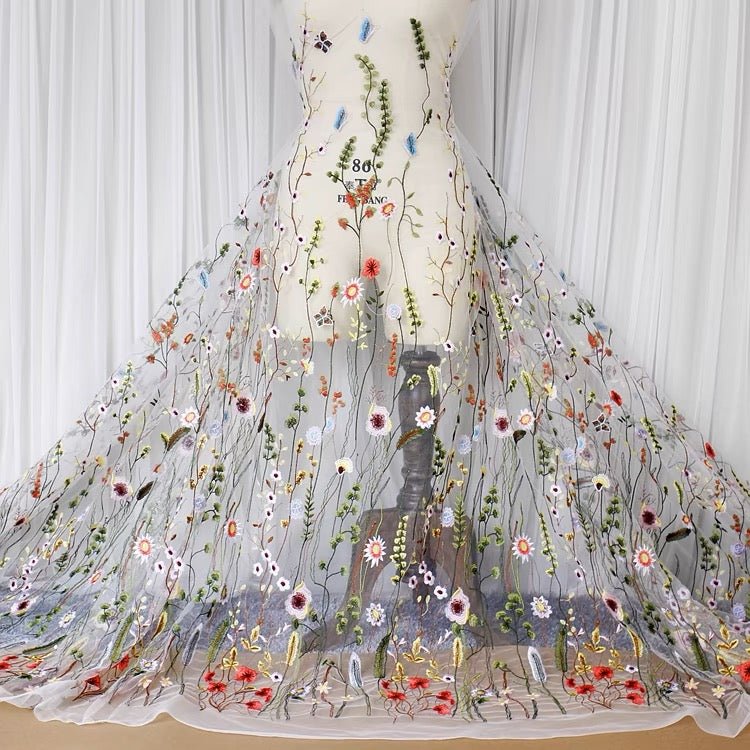 LasilkFabric Water Grass Embroidered Lace Fabric - Fashion Womens Dress DIY Sewing Material - Lustrous Embroidery for Chic Craft Projects -
