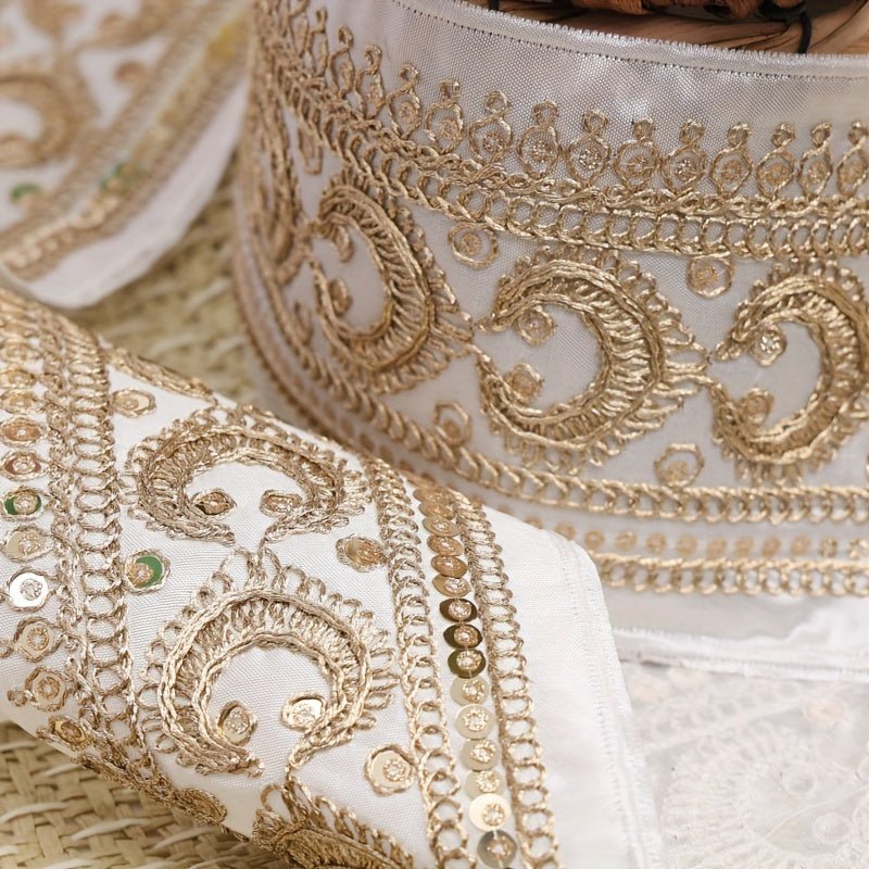 Luxurious Golden Embroidered Lace Trim -