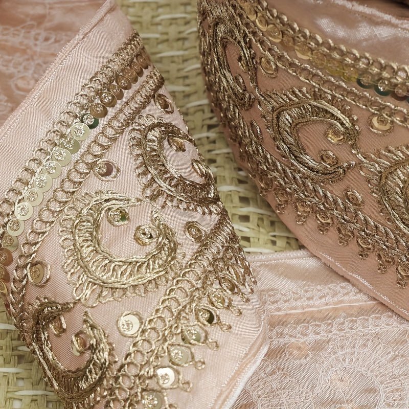 Luxurious Golden Embroidered Lace Trim -