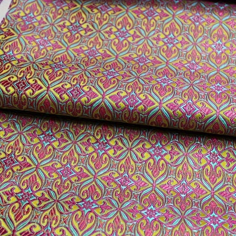 Premium Nigerian Jacquard Damask Fabric - Luxurious African Satin Brocade with Vibrant Pink, Yellow, Green & Blue Floral Pattern -