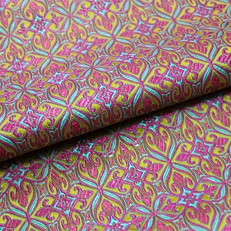 Premium Nigerian Jacquard Damask Fabric - Luxurious African Satin Brocade with Vibrant Pink, Yellow, Green & Blue Floral Pattern -