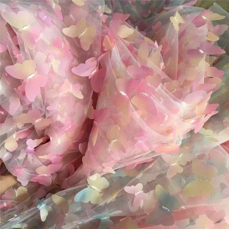 Rainbow Color Butterfly 3d Applique Gradient Flowers Mesh Lace Fabric For Clothing Sewing Accessories, 132.08cm*1yard -