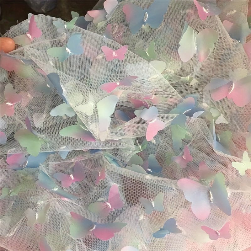 Rainbow Color Butterfly 3d Applique Gradient Flowers Mesh Lace Fabric For Clothing Sewing Accessories, 132.08cm*1yard -
