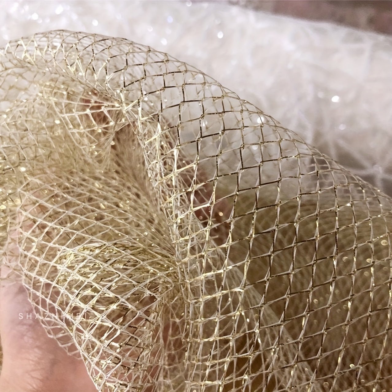 Shiny Voile Tulle Mesh Fabric Party Home Decor Transparent Plaid Net Fabric Golden Silvery Gauze Apparel Mesh Cloth DIY Sewing -