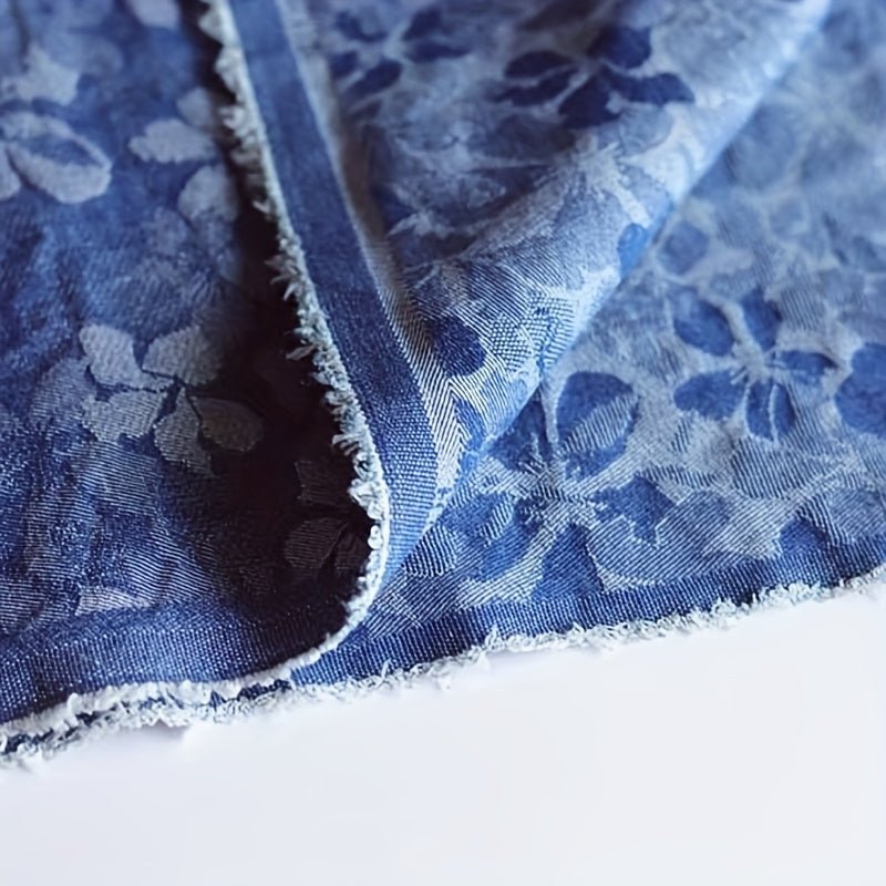 Stretchy Blue Denim Fabric with Floral Pattern -