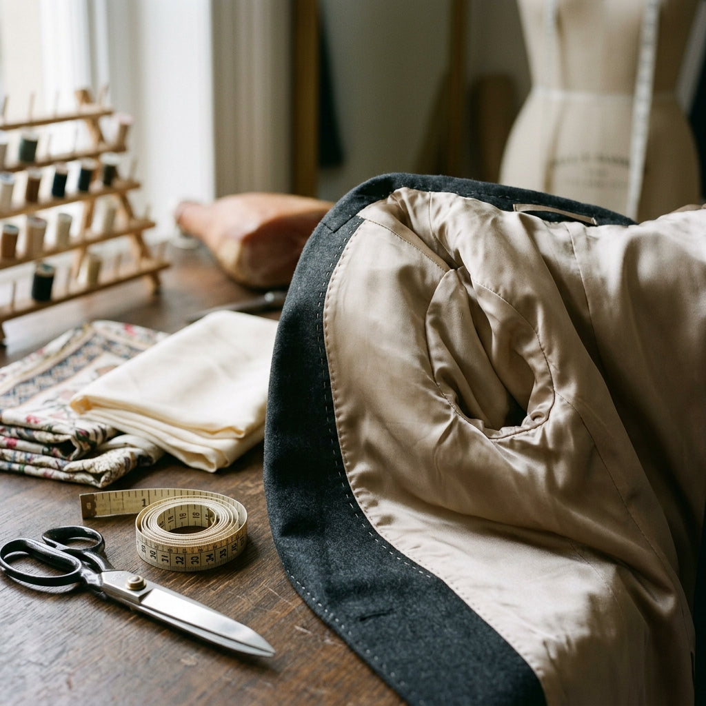 Garment lining fabric arranged with dressmaking tools for wedding dress construction
