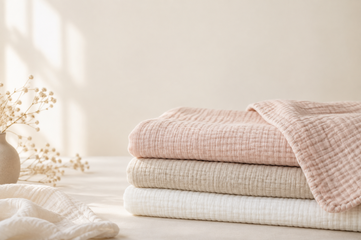 Soft pink, beige, and white cotton double gauze folded for baby sewing projects