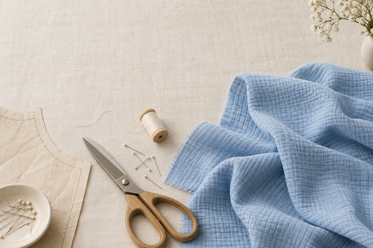 Sky blue cotton double gauze with shears, thread, pins, and a sewing pattern