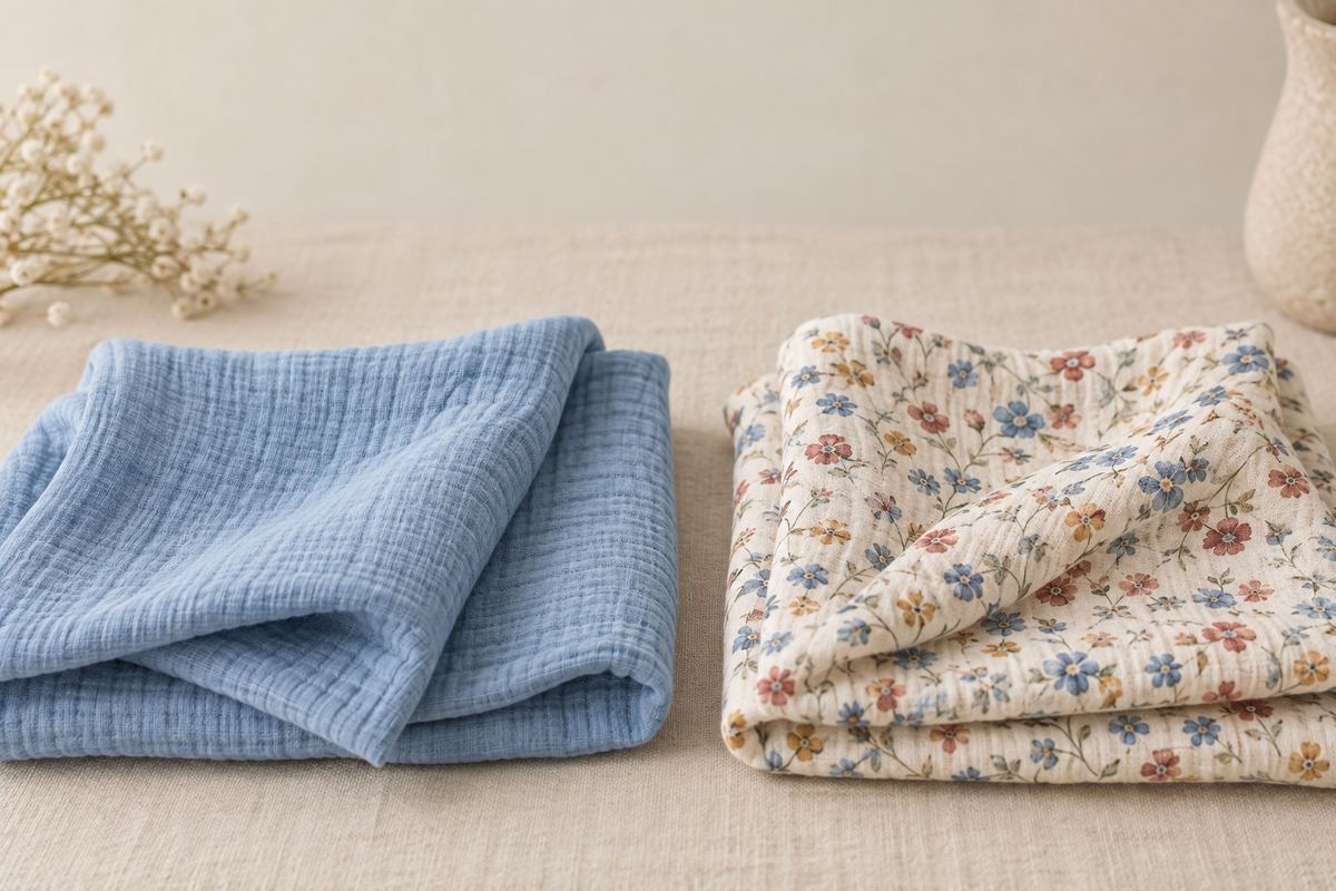 Plain sky blue and floral cotton double gauze swatches for sewing projects
