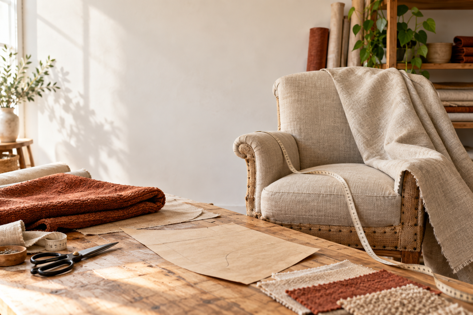 Upholstery fabric, measuring tape, and an armchair prepared for a re-covering project
