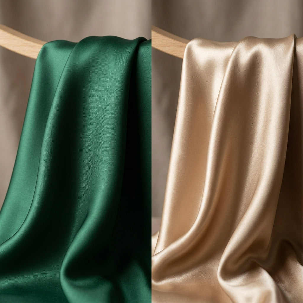 Side by side silk and satin fabric drapes for wedding dress fabric comparison