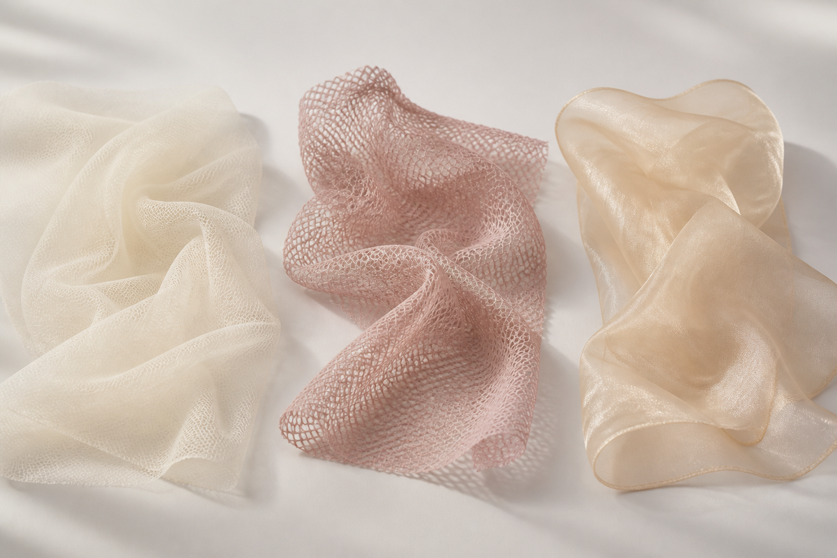 Side-by-side comparison of fine tulle, open mesh and crisp organza fabric
