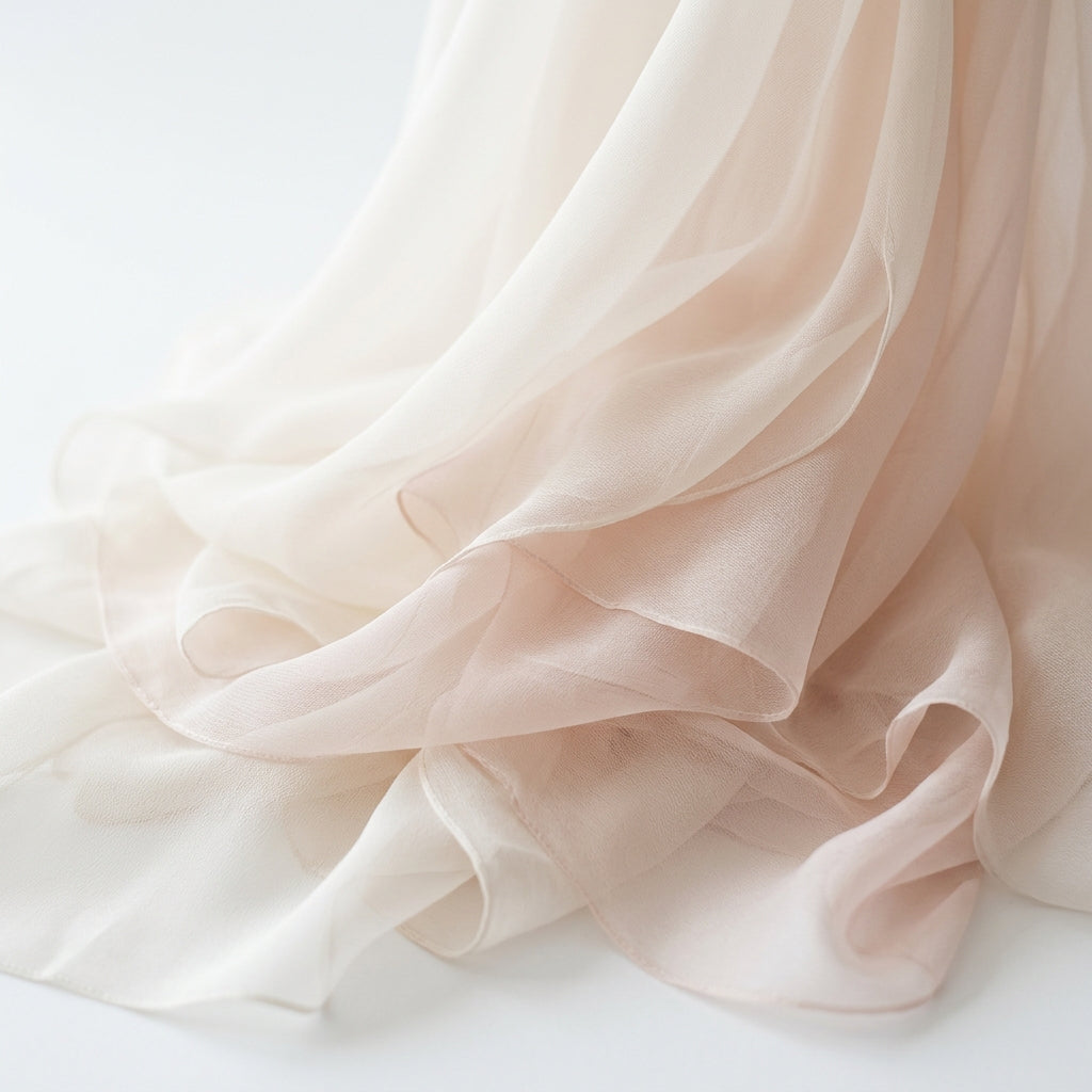 Sheer chiffon fabric draped in soft flowing layers on a clean studio background