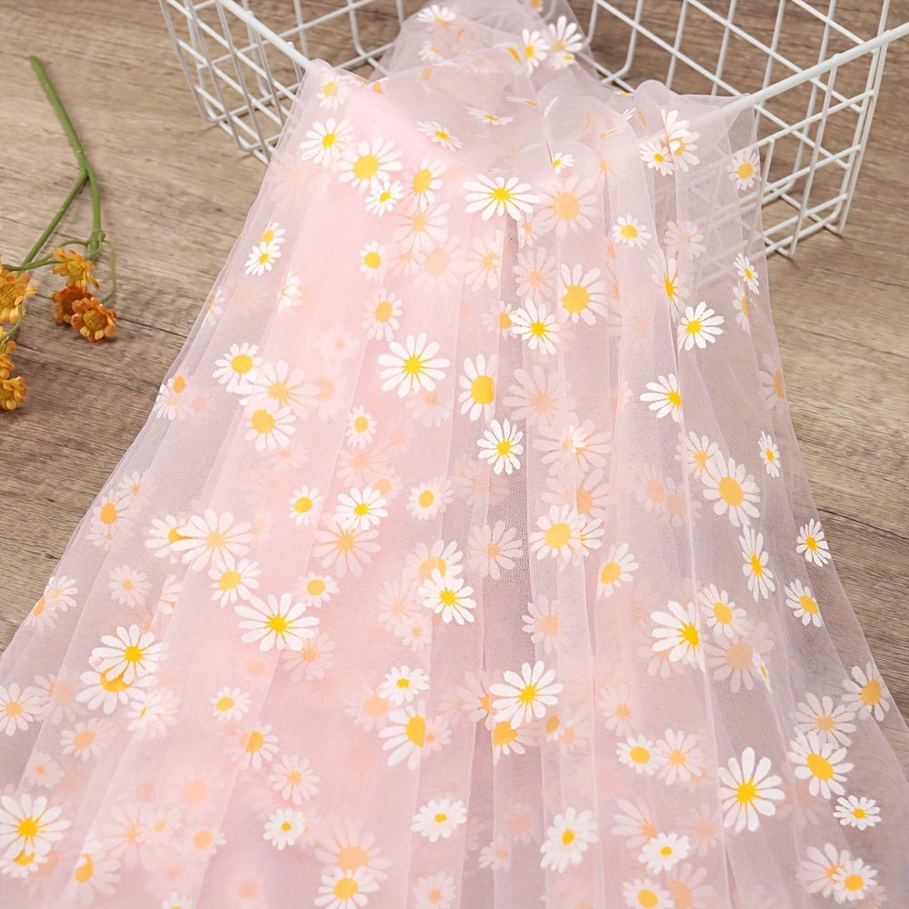 1pc Golden Chrysanthemum Printed Organza Fabric, Floral Pattern, 30gsm, 100% Polyester, Precuts, Hand Wash Only, for DIY Hair Band, Wedding, Birthday Decorations, Flower Wrapping - 