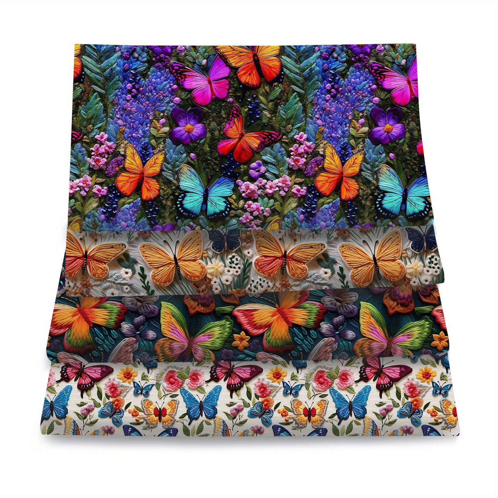 4pcs/set 19.68x17.7inch(50x45cm) Butterfly Flowers Imitation 3D Embroidery Digital Print Precut Quilting Fabric Fat Quarter Fabric Bundle, Polyester Quilting Squares for Patchwork, DIY Crafts Projects, DIY Wallet Making - 