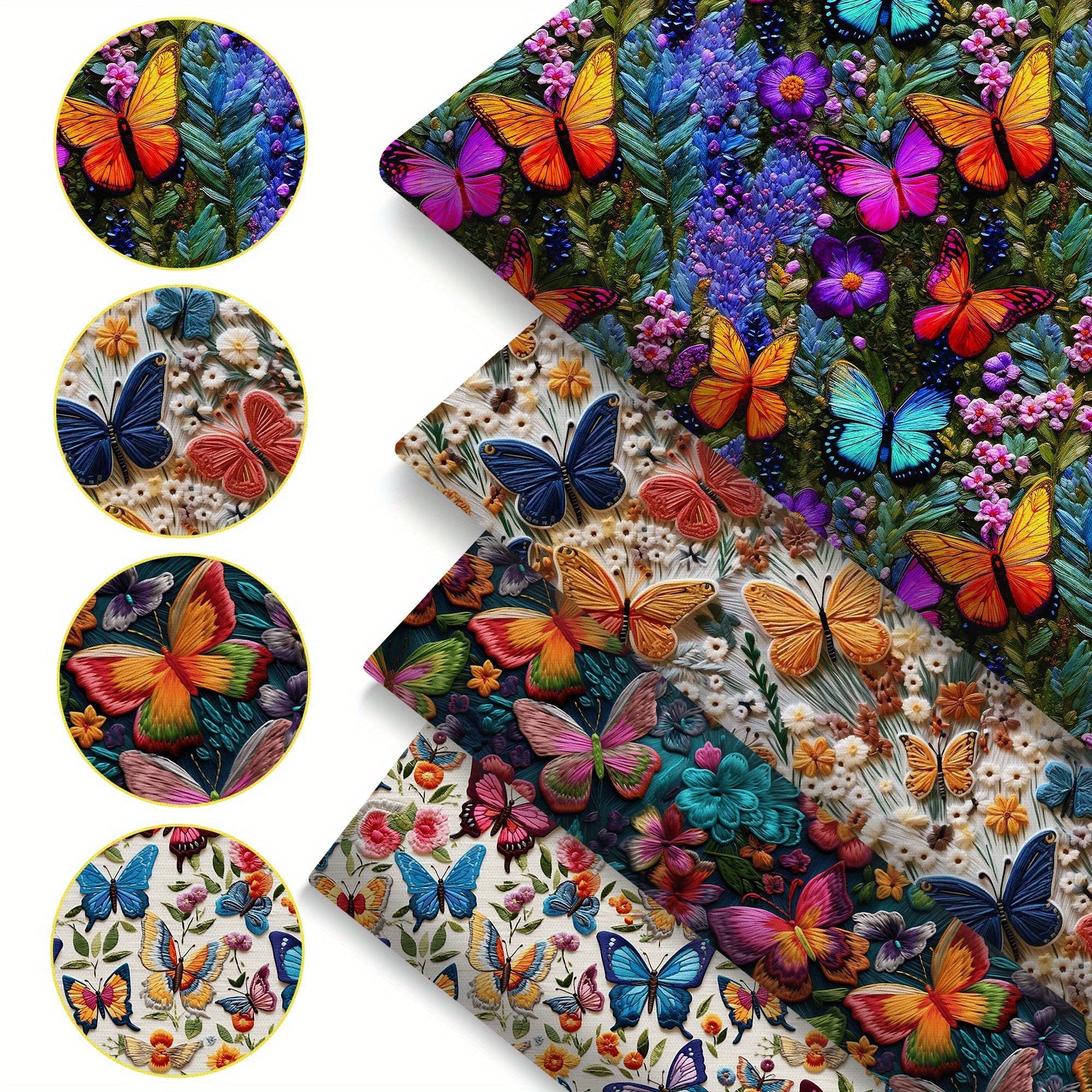 4pcs/set 19.68x17.7inch(50x45cm) Butterfly Flowers Imitation 3D Embroidery Digital Print Precut Quilting Fabric Fat Quarter Fabric Bundle, Polyester Quilting Squares for Patchwork, DIY Crafts Projects, DIY Wallet Making - 
