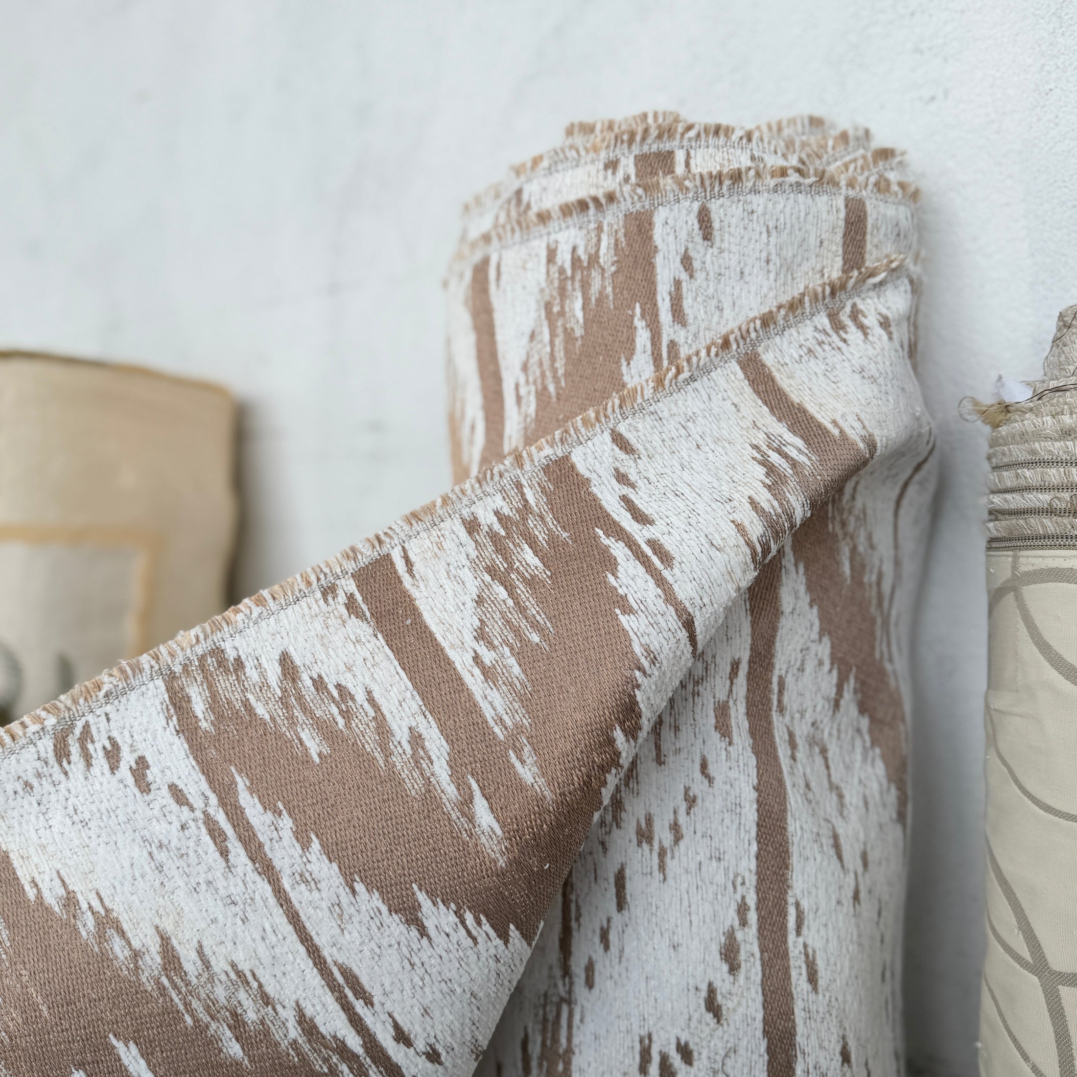 Ikat Jacquard Upholstery Fabric, Earthy Brown Brushstroke Woven Fabric