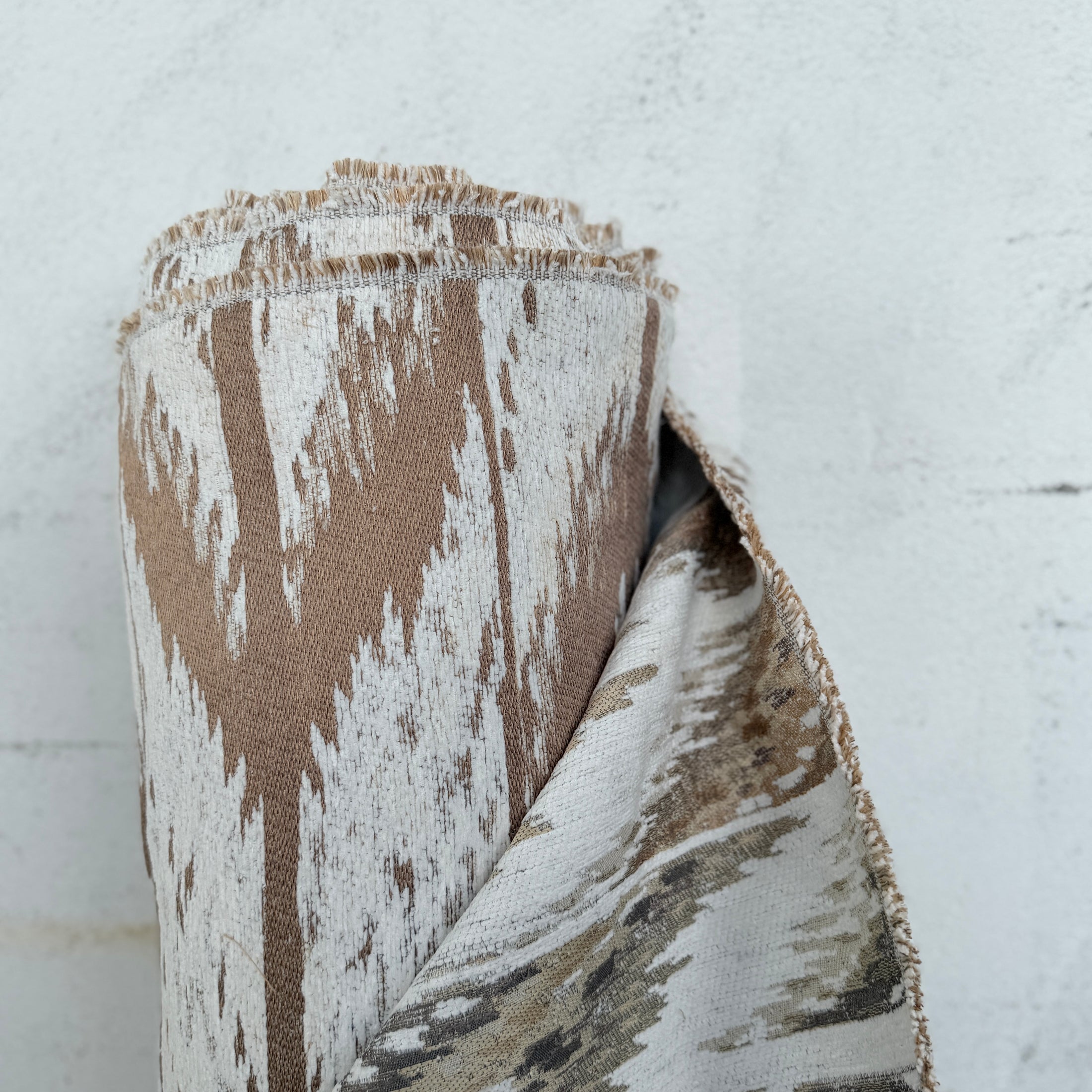 Ikat Jacquard Upholstery Fabric, Earthy Brown Brushstroke Woven Fabric