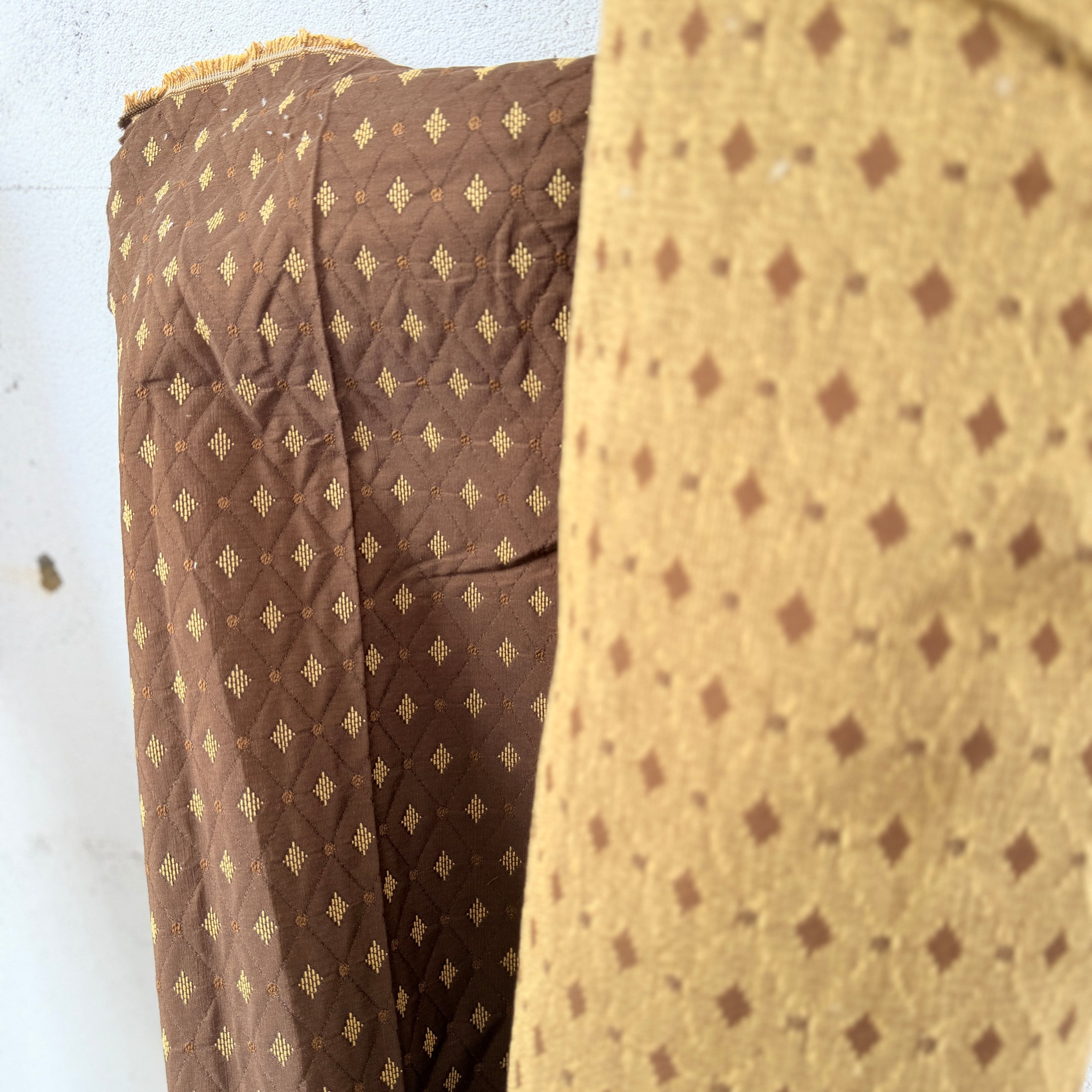 Reversible Diamond Dot Jacquard Fabric, Rust and Gold Woven Upholstery for Vintage Home Decor
