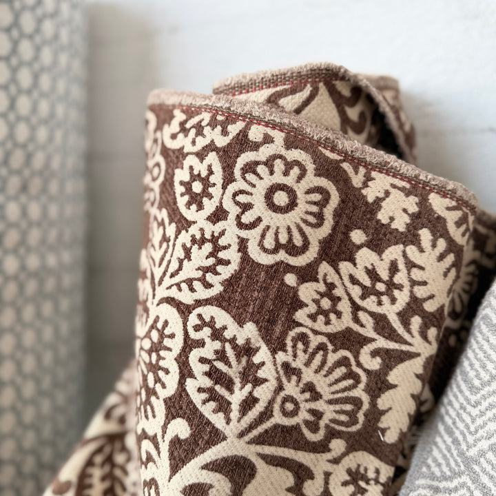 Brown Leaf and Floral Jacquard Chenille Upholstery Fabric