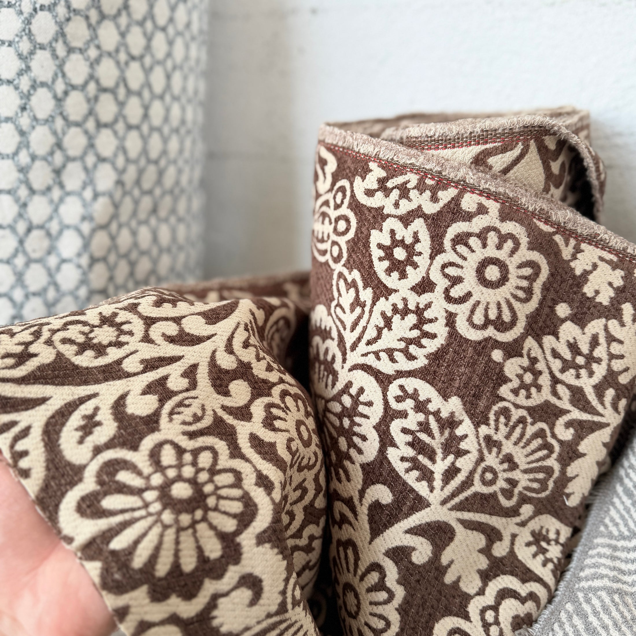 Brown Leaf and Floral Jacquard Chenille Upholstery Fabric