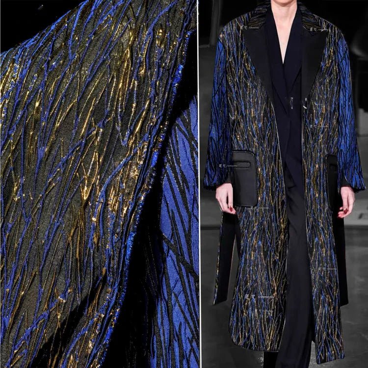 Blue and Gold Peacock Jacquard Fabric, Designer Fabrics - 
