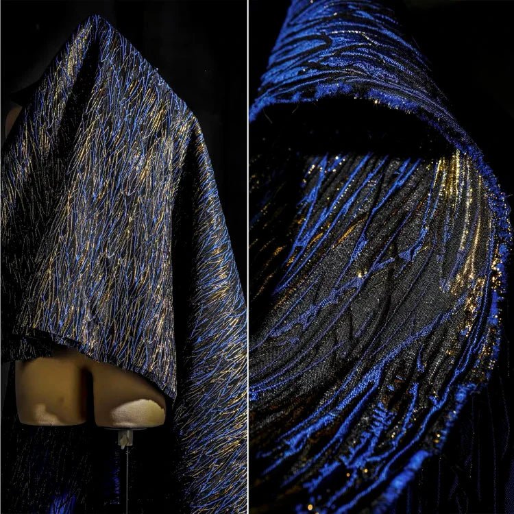 Blue and Gold Peacock Jacquard Fabric, Designer Fabrics - 