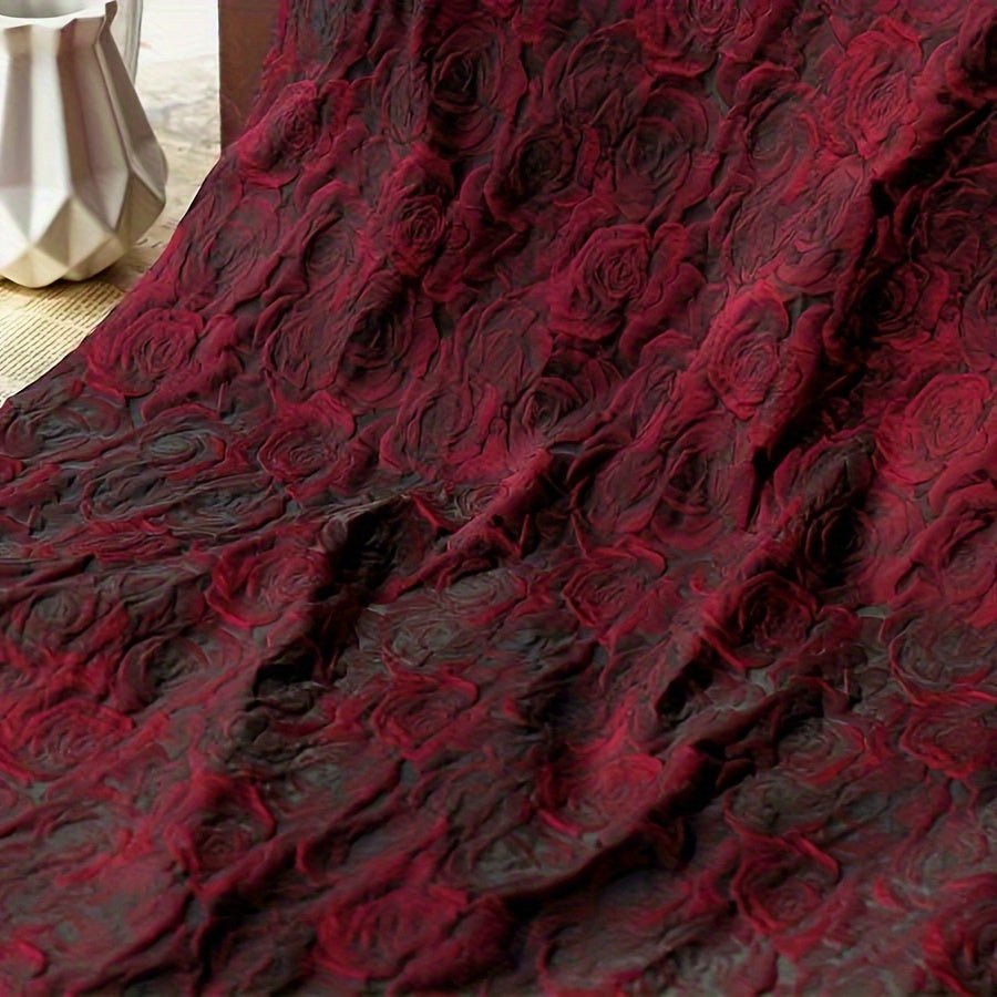 Elegant Deep Red, Black, White And Pink 3D Rose Jacquard Fabric - 