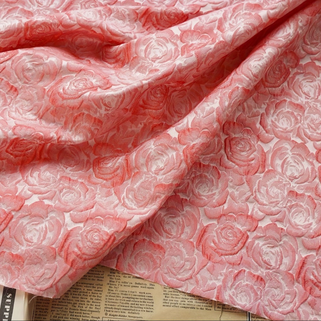 Elegant Deep Red, Black, White And Pink 3D Rose Jacquard Fabric - 