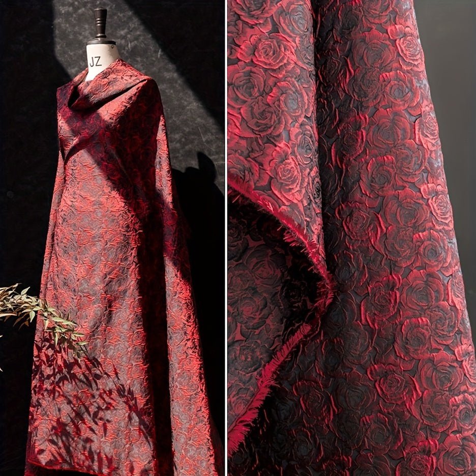 Elegant Deep Red, Black, White And Pink 3D Rose Jacquard Fabric - 