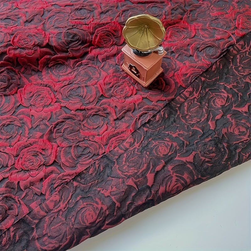 Elegant Deep Red, Black, White And Pink 3D Rose Jacquard Fabric - 
