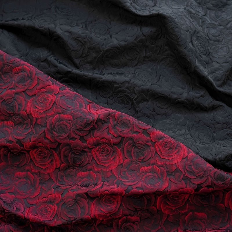 Elegant Deep Red, Black, White And Pink 3D Rose Jacquard Fabric - 