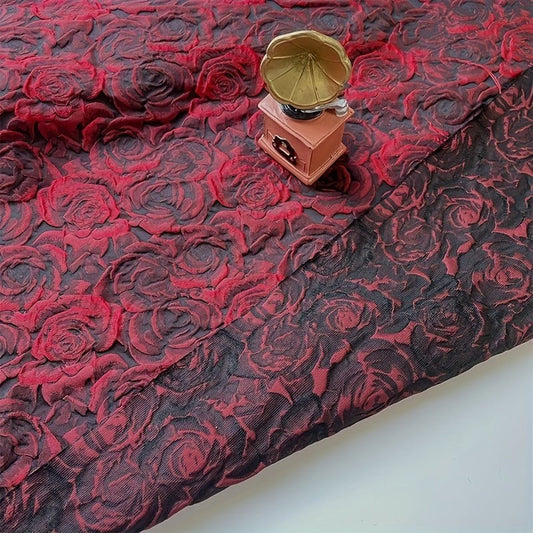 Elegant Deep Red, Black, White And Pink 3D Rose Jacquard Fabric - 