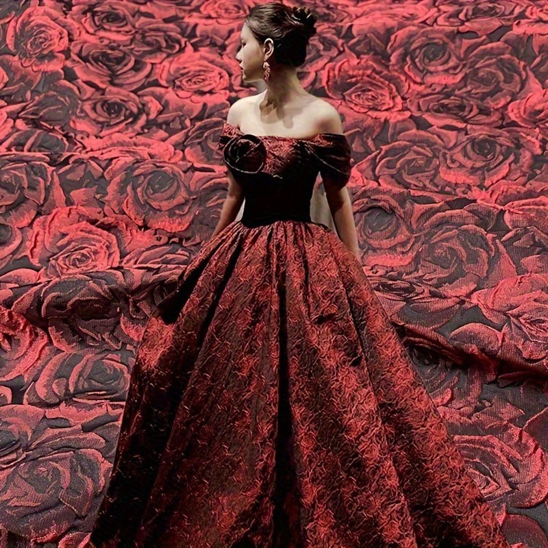 Elegant Deep Red, Black, White And Pink 3D Rose Jacquard Fabric - 