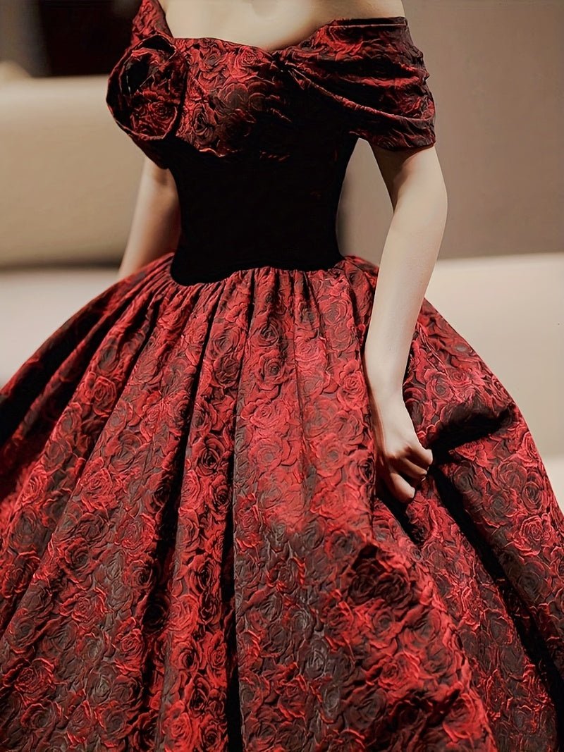 Elegant Deep Red, Black, White And Pink 3D Rose Jacquard Fabric - 
