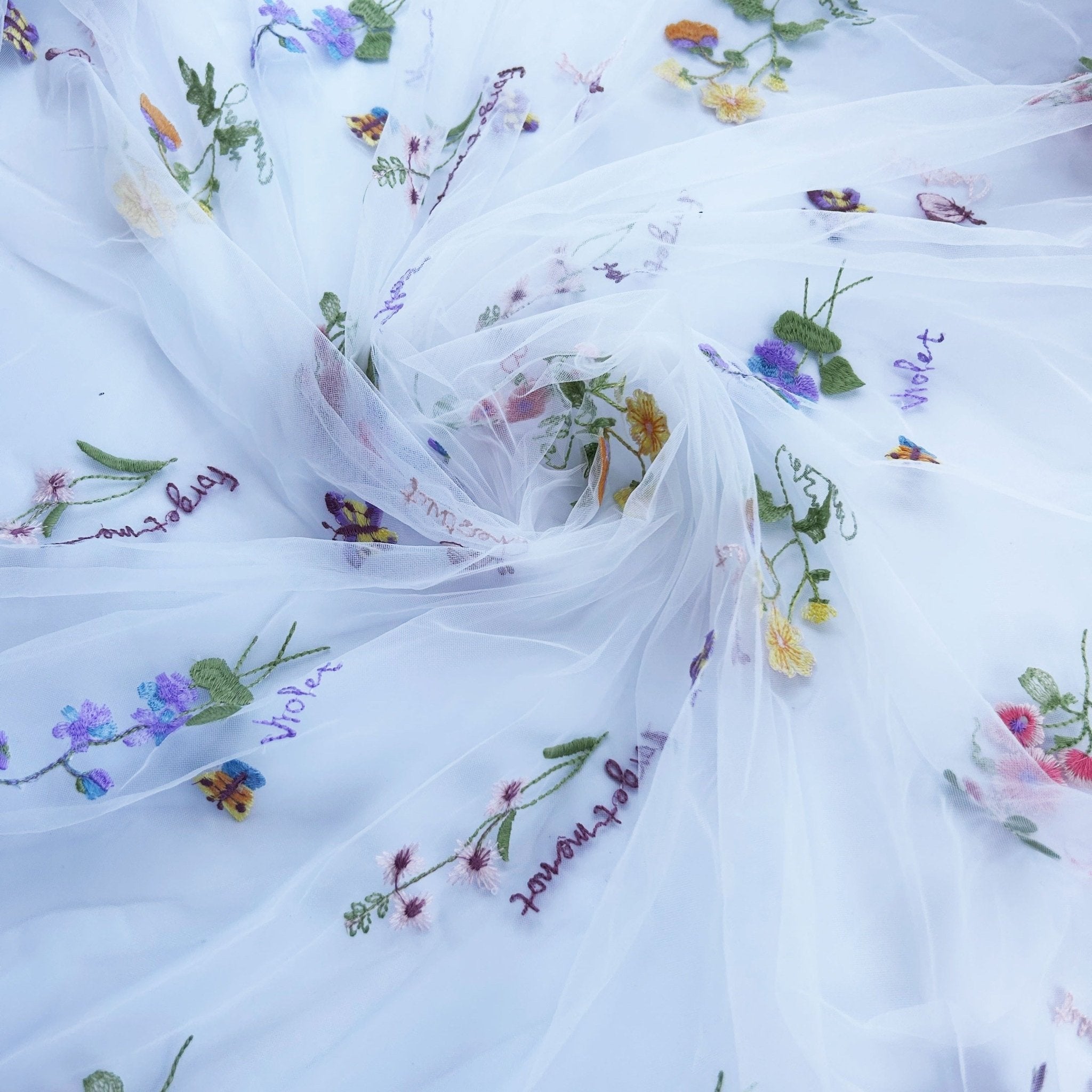 Elegant White Lace Fabric with Colorful Floral Embroidery, 88.9x129.54cm - Soft Tulle for DIY Dresses & Wedding Gowns, Hand Wash Only - 