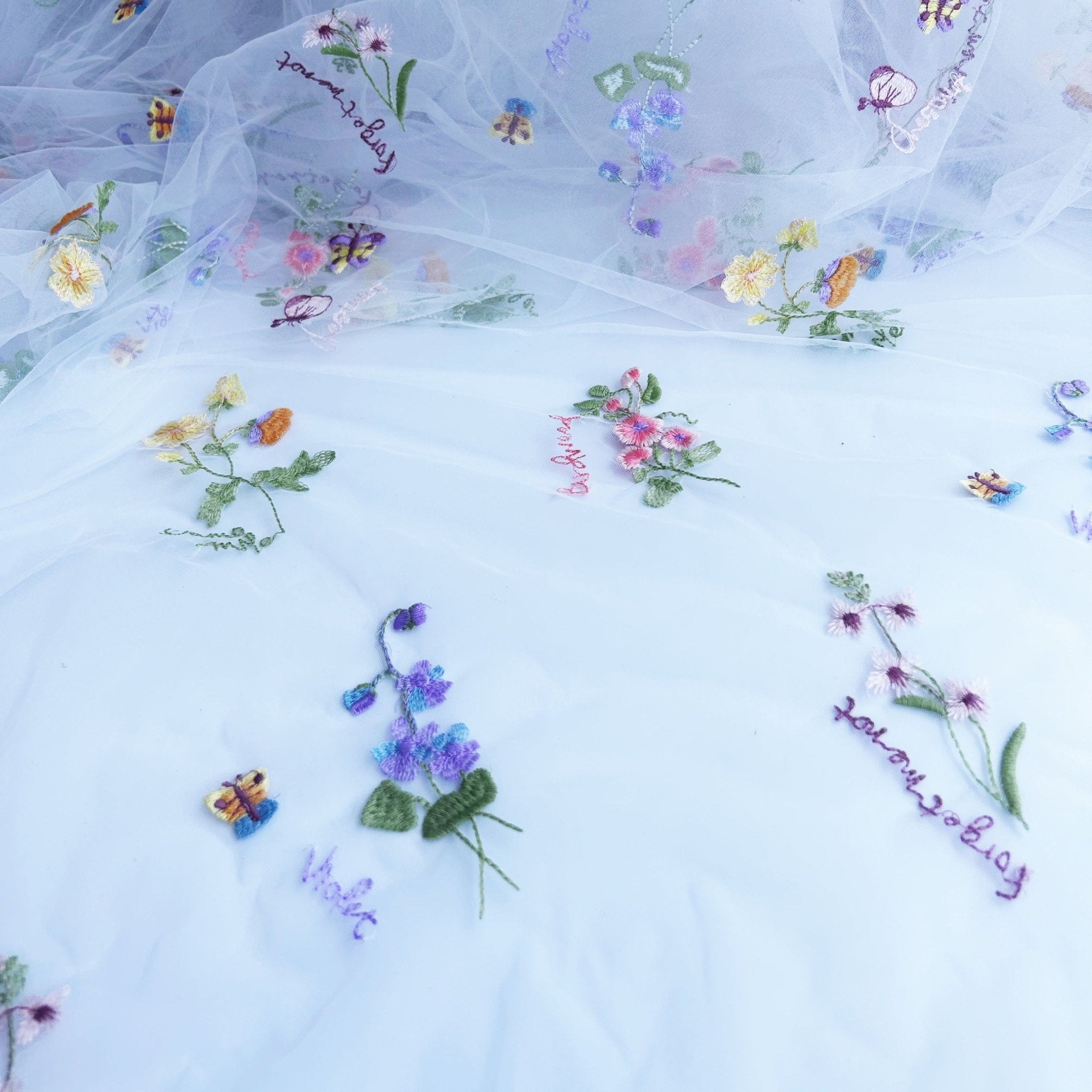 Elegant White Lace Fabric with Colorful Floral Embroidery, 88.9x129.54cm - Soft Tulle for DIY Dresses & Wedding Gowns, Hand Wash Only - 