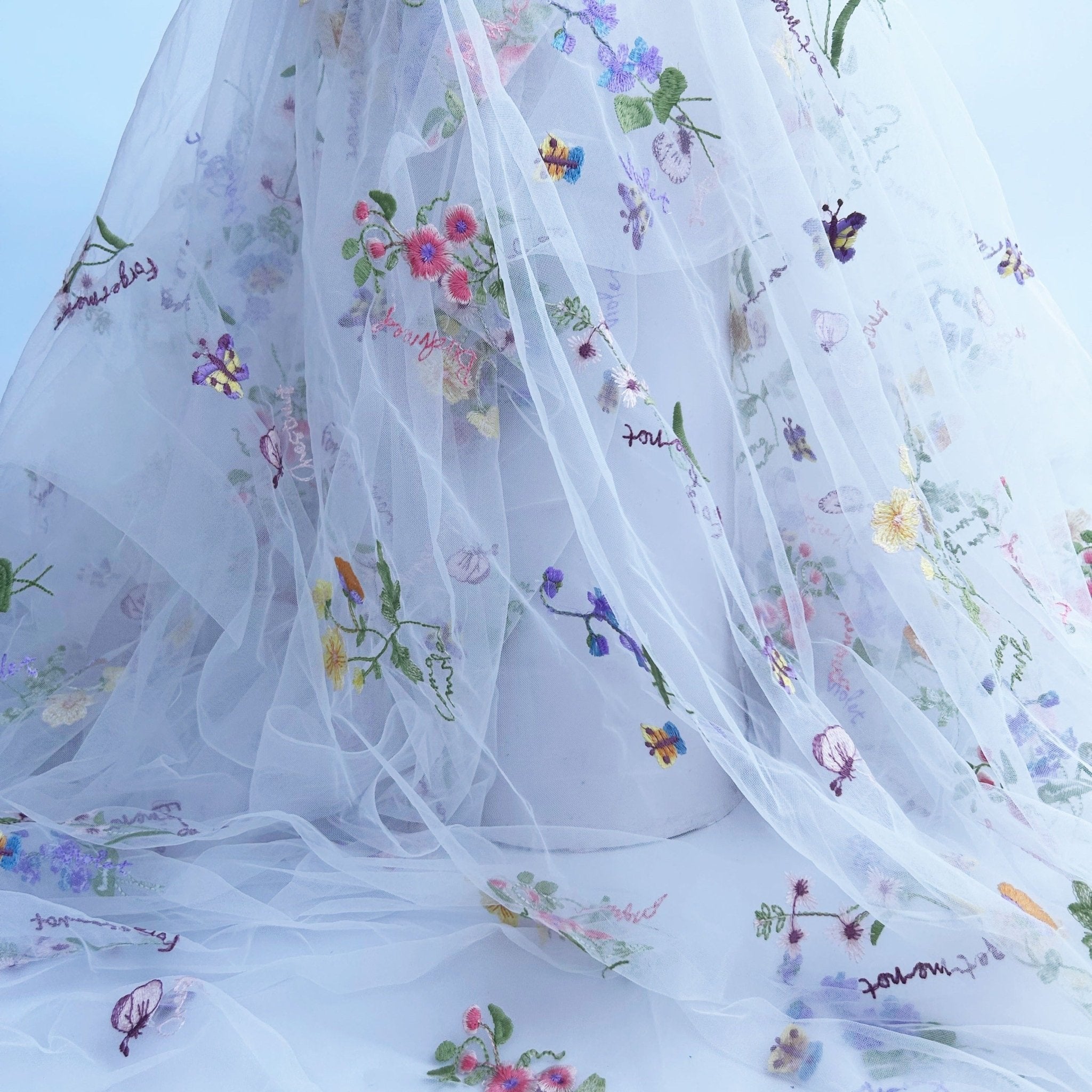 Elegant White Lace Fabric with Colorful Floral Embroidery, 88.9x129.54cm - Soft Tulle for DIY Dresses & Wedding Gowns, Hand Wash Only - 