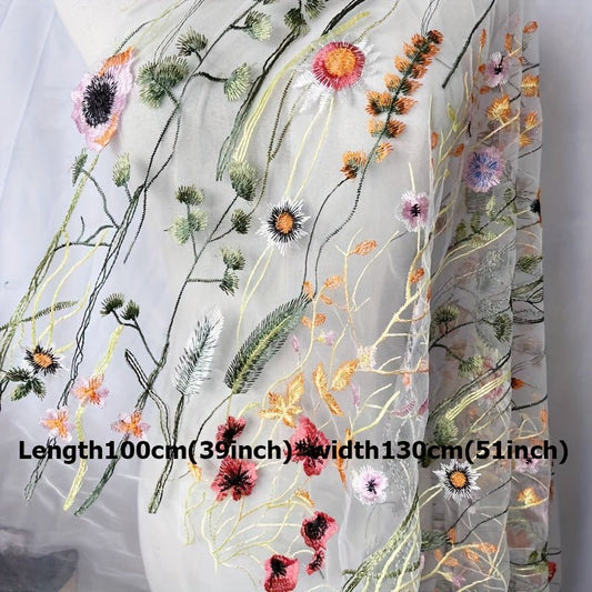 Elegant White Mesh Embroidered Floral Fabric - 