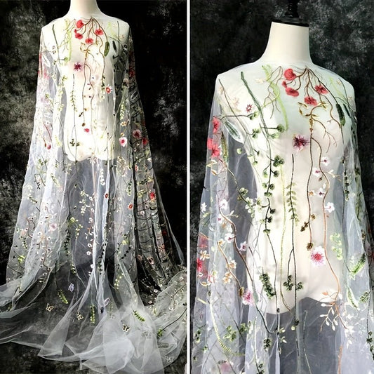 Elegant White Mesh Embroidered Floral Fabric - 