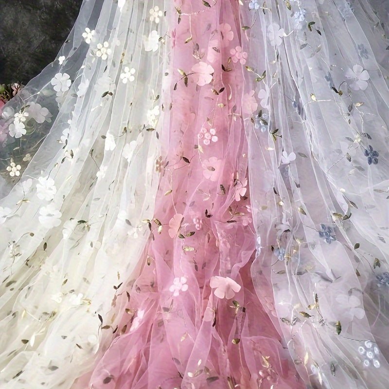 Floral Embroidered Tulle Fabric - Soft, Sheer, and Perfect for DIY Dresses, Wedding Gowns, Curtains, Tablecloths, and Handbags - 