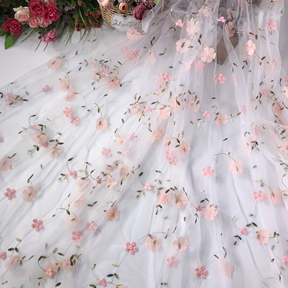 Floral Embroidered Tulle Fabric - Soft, Sheer, and Perfect for DIY Dresses, Wedding Gowns, Curtains, Tablecloths, and Handbags - 